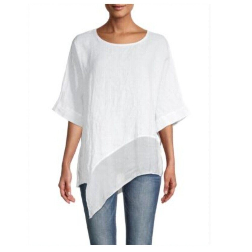 Saks Fifth Avenue White Linen And Silk Sheer Blouse Size Small Lagenlook Coastal